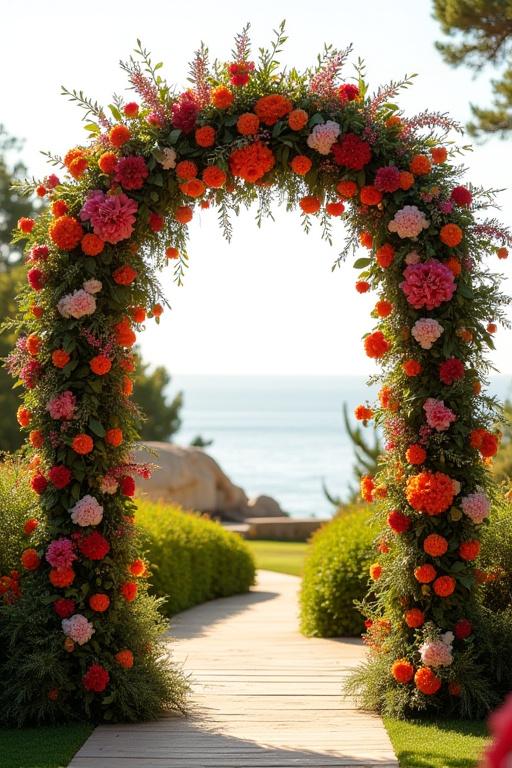Arco floreale riccamente decorato per una cerimonia all'aperto.